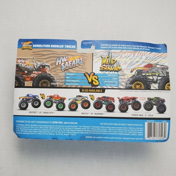 Hot Wheels Monster Trucks 2020 HWSafari vs Wild Streak Demolition Dble 2Pck 1:64 - Picture 6 of 8